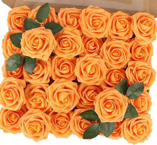 MACTING Artificial Rose Flowers 30PCS Real Touch Fake Flowers with Stem Orange Faux Foam Roses for DIY Wedding Bouquet Table Centerpieces Party Bridal Shower Home Fall Thanksgiving Decor
