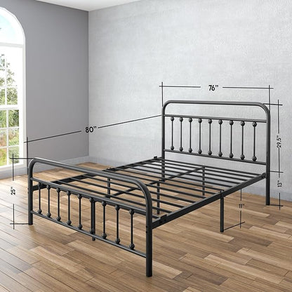 Golden Gate Beds Victorian Vintage Style King Size Metal Bed Frame with Wrought Iron Headboard and Footboard – Classic Platform Bed with 11" Storage Space, No Box Spring Required, Black Finish