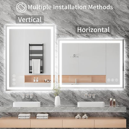 Koonmi 32x48 LED Bathroom Mirror, Backlit + Front Lit, LED Bathroom Mirror with Lights for Wall, 3 Colors, Anti-Fog, Dimmable Brightness, Memory Function, Tempered Glass