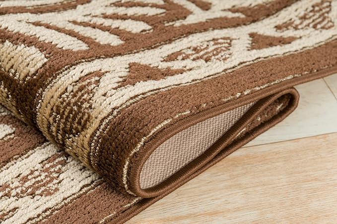 Custom Length Cut to Size Tribal Ethnic Southwestern Inspired Hallway Runner Rug, Non Slip Rubber Backed, 31 inch Wide X Customized Length, Mayan Brown, 31 inch X 7 feet