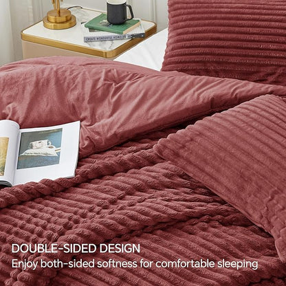 BEDELITE Fleece Full Comforter Set -Super Soft & Warm Fluffy Burgundy Bedding, Luxury Fuzzy Heavy Bed Set for Winter with 2 Pillow Cases