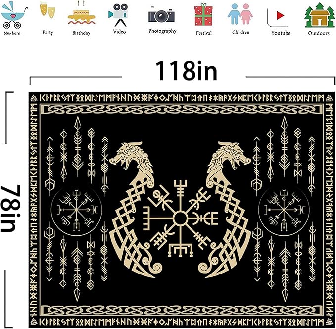 OSUNBD Nordic Vikings Tapestry, Large 11878 inches Soft Flannel, Vegvsir Symbol Twins Dragons Celtic Rune Scandinavian Aesthetic Mythology Tapestry Wall Hanging for Bedroom Living Room Decor