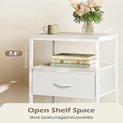 SUPERJARE Nightstand with Charging Station, White Night Stand with Adjustable Drawers, 17.7 Inches Wider Side Table for Bedroom, 3-Tier Storage End Table with Open Shelf, PU Leather Surface