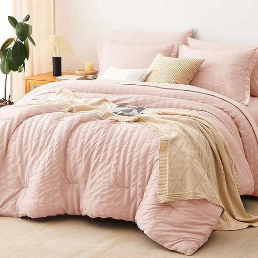 CozyLux Twin XL Comforter Set with Sheets Seersucker Blush Pink 5 Pieces Bed in a Bag, Twin Extra Long Luxury Bedding Sets for College Dorm with Down Alternative Comforter, Sheets, Pillowcases & Shams