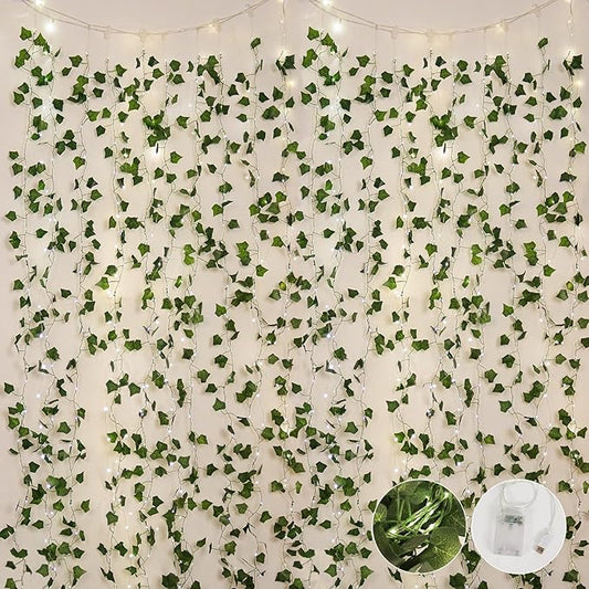 RECUTMS 118 Inches Plant Garland Hanging Vines with Lights LED Strings Artificial Ivy Fake Greenery Leaf Plants Faux Silk Green Leaves Plastic Flower for Party Room Patio Wall Bedroom Outdoor Decor