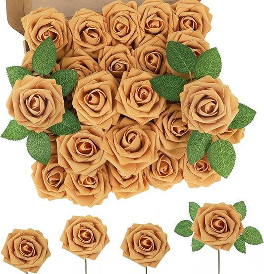 MACTING 60PCS Artificial Flower Roses Real Touch Fake Flowers with Stem Foam Roses for DIY Wedding Bridal Bouquet Table Centerpieces Party Wreath Home Fall Thanksgiving Decorations(Gold Yellow)