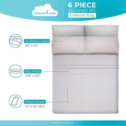 DREAMCARE California King Sheet Sets – 6 pcs Cooling Bed Sheets – up to 21” Deep Cal King Sheets – 2500 Supreme Collection – Extra Soft 100% Brushed Microfiber Hotel Luxury with Side Pocket – L Gray