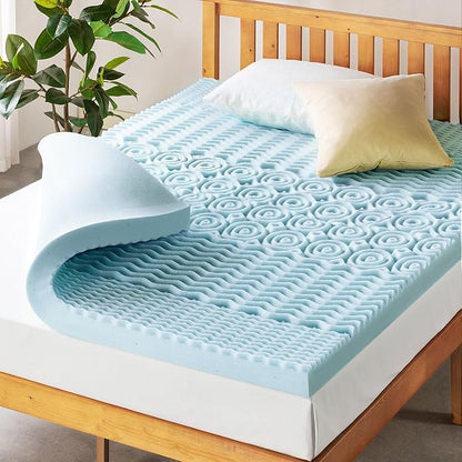 Mellow 4 Inch 5-Zone Memory Foam Mattress Topper, Cooling Gel Infusion, Dorm Essentials, Full Blue