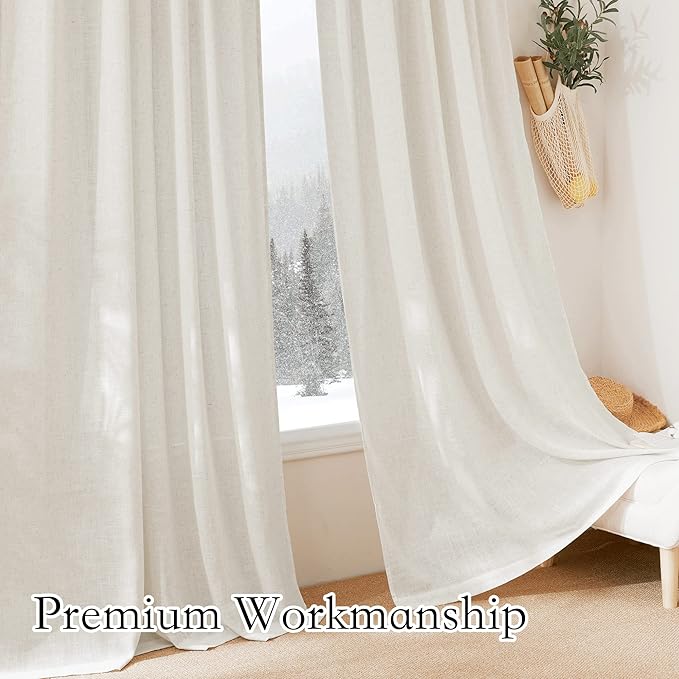 RYB HOME Linen Blend Curtains for Kitchen Bedroom, Thick Heavy Textured Breathable Light Filtering Semi Sheer Short Drapes for Small Window Sunroom, W 42 x L 54 inches, Linen, 2 Panels