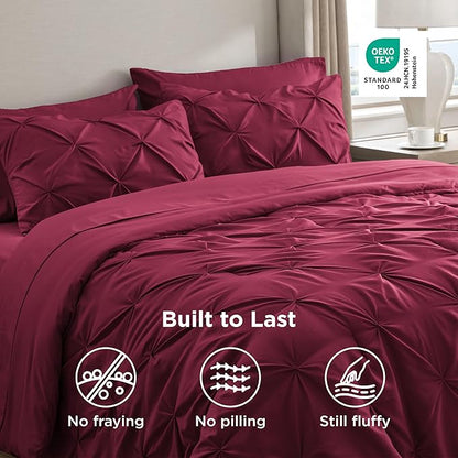 Bedsure Queen Comforter Set Dark Red - Bed in a Bag Queen Size Bedding 7 Pieces, GentleSoft™ Pintuck Bed Set Gift for Family, Pinch Pleat All Season Comforter with Sheets, Pillowcases & Shams