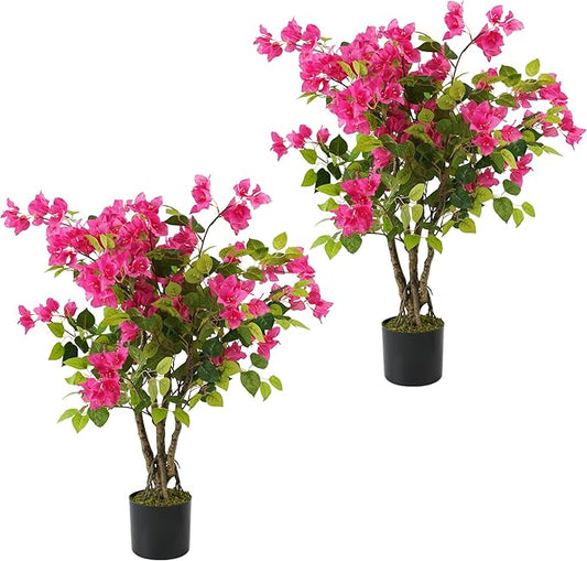 2 Pack Artificial Bougainvillea Tree, 3FT Faux Silk Floral Tree Bougainvillea Plant with Flowers in Plastic Pot for Home Office Garden Indoor Outdoor Decor