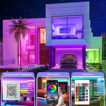 Led Strip Lights, 150ft/45m Long Smart Led Light Strips Music Sync 5050 RGB Color Changing Rope Lights,Bluetooth APP/IR Remote/Switch Box Control Led Lights for Bedroom,Home Decoration,Party,Festival