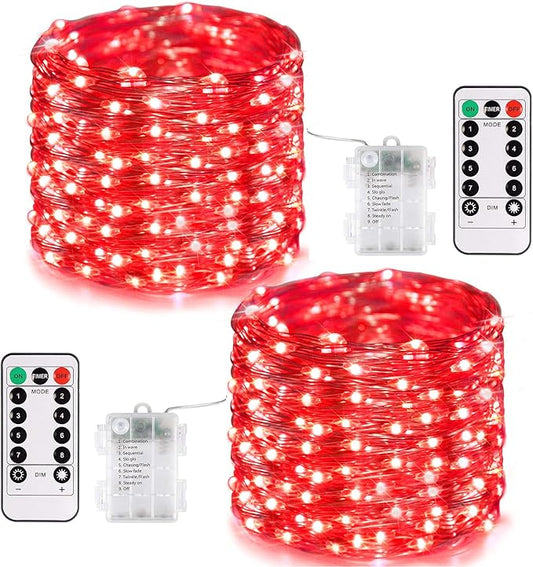 JMEXSUSS 2 Pack Red Fairy Lights Battery Operated, Total 400 LED 132ft Christmas Lights with Remote, 8 Modes Twinkle String Lights for Bedroom Wreath Tree Valentine Halloween Xmas Decorations
