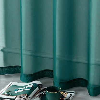 DUALIFE Hunter Green Sheer Curtains 54 Inch Length,Look Semi Sheer Curtain Drapes for Living Room Bedroom Loft Kitchen Bathroom Privacy Voile Window Treatment Panels,52 x 45 Inches,Set of 2