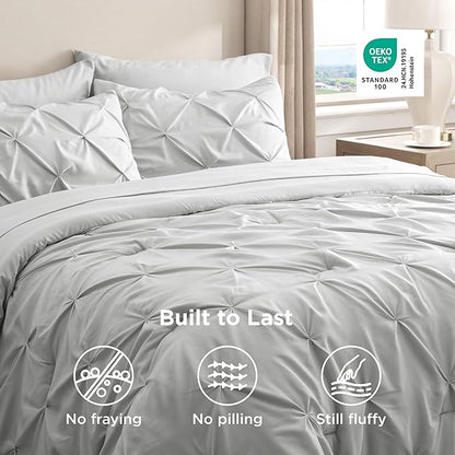 Bedsure Twin XL Comforter Set - Extra Long 5 Pieces Dorm Bedding Sets, GentleSoft™ Pinch Pleat Light Grey Bed in a Bag with Pintuck Comforter, Sheets, Pillowcase & Sham