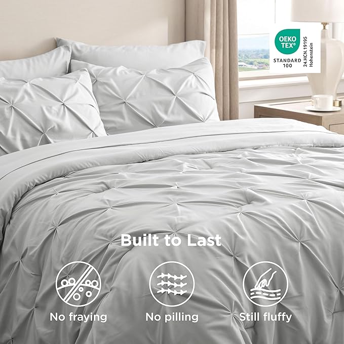 Bedsure Queen Comforter Set Light Grey - Bed in a Bag Queen Size Bedding 7 Pieces, GentleSoft™ Pintuck Bed Set Gift for Family, Pinch Pleat All Season Comforter with Sheets, Pillowcases & Shams