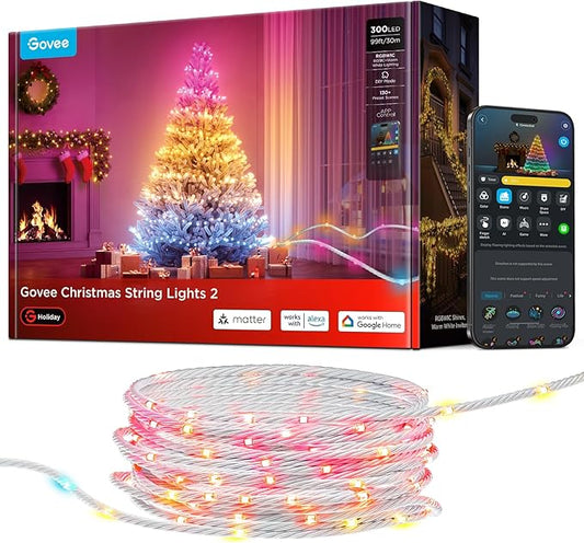 Govee Christmas Lights 2, RGBWIC 99FT 300LEDs Holiday String Lights with Shape Mapping Function, Smart LED Decoration for Indoor Outdoor Tree, 130+ Preset Scenes, Voice and APP Control, Clear Wire