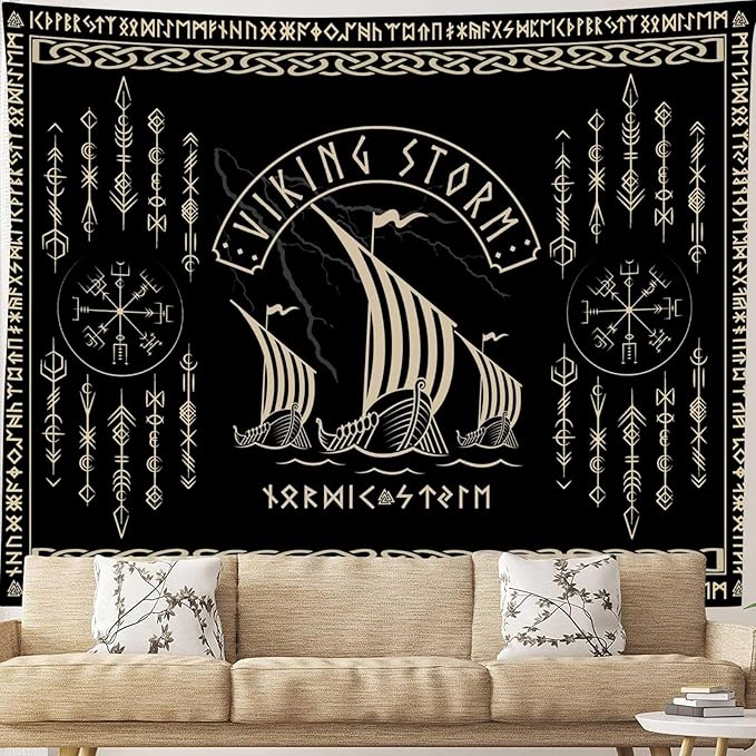 OSUNBD Viking Warship Tapestry Wall Hanging - Small 40x30inches Storm & Celtic Runes on Soft Flannel Aesthetic Mythology Tapestries Norse Mythology Art for Bedroom, Living Room Decor
