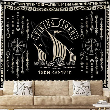 OSUNBD Viking Warship Tapestry Wall Hanging - Small 60x51inches Storm & Celtic Runes on Soft Flannel Aesthetic Mythology Tapestries Norse Mythology Art for Bedroom, Living Room Decor