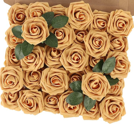 MACTING 30PCS Artificial Flower Roses Real Touch Fake Rose Flowers with Stem Gold Yellow Foam Roses for DIY Wedding Bouquet Table Centerpieces Party Baby Shower Spring Home Mothers Day Decorations