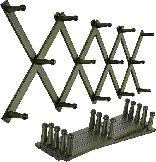 SKOLOO Hat Rack for Wall with 14 Hooks, Pack of 2, Solid Wooden, Modern, Expandable Coat Rack Wall Mount for Coats, Hats, Bags, Baseball Caps, Dark Walnut Color