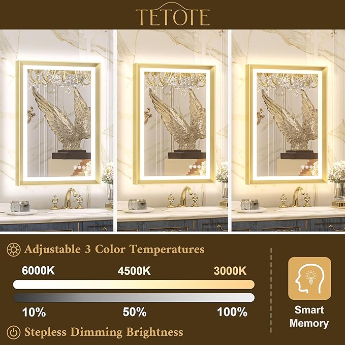 TETOTE 48x36 LED Mirror for Bathroom Gold Metal Frame Frontlit & Backlit Lighted Vanity Mirror Baroque Anti Fog Stepless Dimmable White/Warm/Natural,CRI90+,Waterproof,Wall Mounted(Horizontal/Vertical)