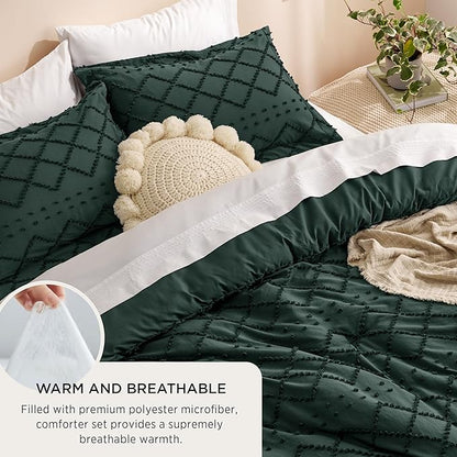 Bedsure Twin Comforter Set - Forest Green Comforter, Boho Tufted Shabby Chic Bedding for Kids, 2 Pieces Vintage Farmhouse Bed Set for All Seasons, Fluffy Soft Bedding with 1 Pillow Sham
