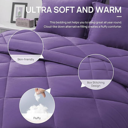 Love's cabin California King Comforter Set Purple, 7 Pieces California King Bed in a Bag, All Season Bedding Sets with 1 Comforter, 1 Flat Sheet, 1 Fitted Sheet, 2 Pillowcase and 2 Pillow Sham