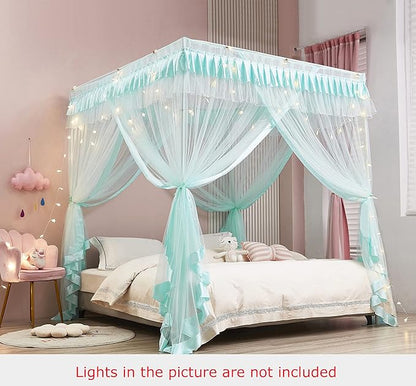 Mengersi 4 Corners Post Canopy Bed Curtains for Girls,Bed Canopy Royal Luxurious Cozy Drape Netting - Cute Princess Bedroom Decoration Accessories (Twin, Sky Blue)
