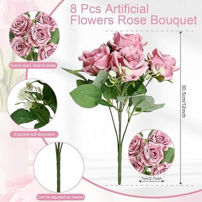 Artificial Roses Flower Dusty Rose Flowers - 8 Bundles Rose Bouquet Fake Silk Flowers Realistic Faux Florals Bulk for Wedding Bridal Party Baby Shower Arrangements Centerpieces Home Decorations