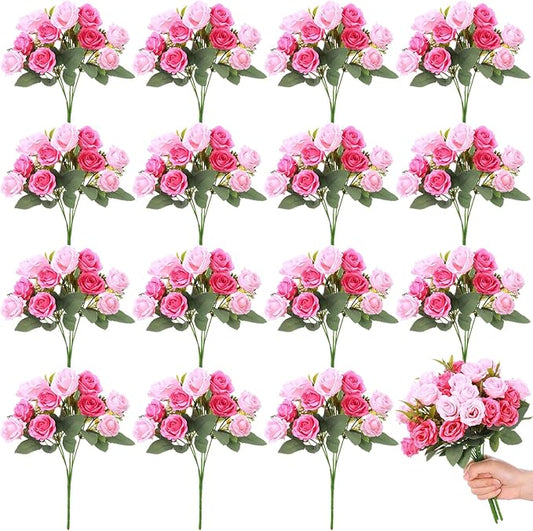 Zeyune 16 Bunches 12 Inch Artificial Mini Rose Bouquet 160 Heads Bridal Flower Bouquets Fake Silk Rose Bulk for Wedding Bridal Shower Christmas Home Office Garden Decoration(Hot Pink and Pink)