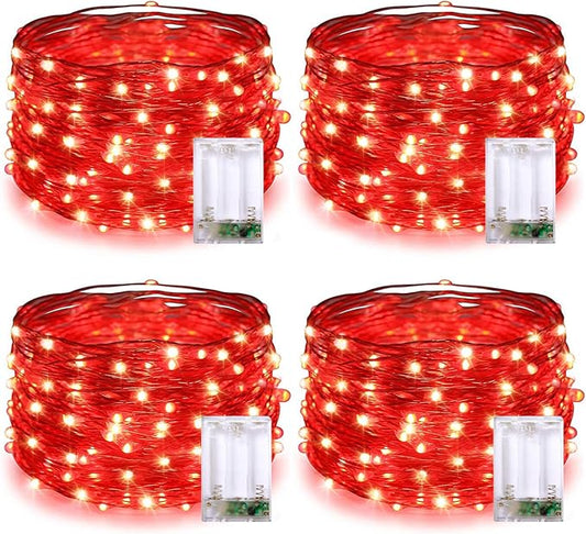 JMEXSUSS 4 Pack 50 LED Red Fairy Lights Battery Operated, 16.1ft Christmas Fairy Lights, Red String Lights for Bedroom Wedding Party Christmas Halloween Decorations