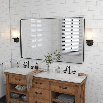 VocalStar 55 x 30 Inch Black Bathroom Mirror for Wall, Large Rounded Rectangle Metal Framed Bathroom Wall Vanity Mirror Farmhouse, 1/4-inch Shatterproof Glass | Ultra-Flush Hanging