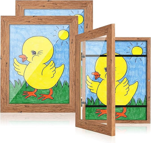 [3-Pack] Kids Art Frames, 8.5x11 Front Opening Kids Artwork Frames Changeable, Dark Woodgrain Artwork Display Storage Frame for Wall, Holds 50 Pcs, for 3D Picture, Crafts, Children Drawing, Hanging