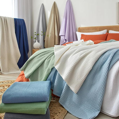 PHF 100% Cotton Waffle Weave Family Blanket,Oversized King Size 120"x 120"-Pre-Washed Snag Proof Lightweight Breathable, 10'x 10' Huge Extra Large Big,Home Decoration Gift-Navy Blue/Bright Blue
