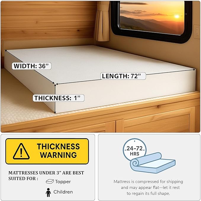 Foamma 1" x 36" x 72" Truck, Camper, RV High Density Foam Bunk Mattress Replacement, Made in USA, Comfortable, Travel Trailer, CertiPUR-US Certified, Cover Not Included