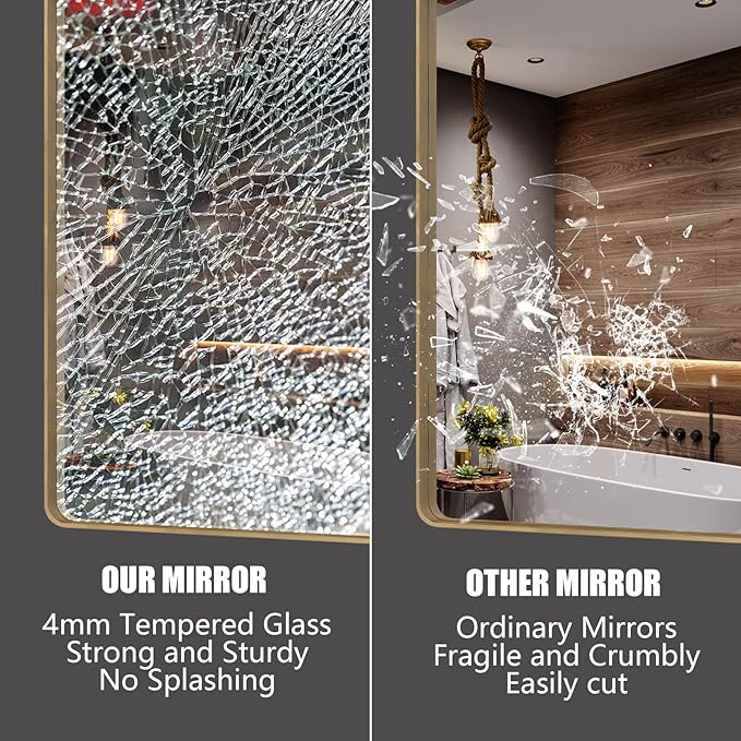 60x36 Gold Bathroom Mirror, Brushed Metal Frame Gold Vanity Mirror, Large Rectangle Mirror for Wall, Rounded Corner, Shatterproof, Anti-Rust (Horizontal/Vertical)