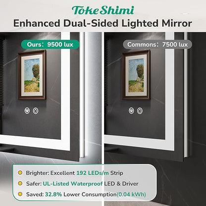 TokeShimi 48x36 Lighted Mirrors for Bathroom Wall,Front Lit + Backlit LED Mirror for Bathroom,Stepless Dimmale 3 Colors,Anti-Fog,Tempered Glass,Memory Function,Waterproof,UL Listed