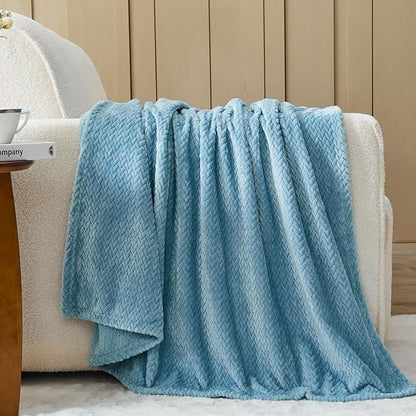 NEWCOSPLAY Super Soft King Blanket Light Blue Premium Silky Flannel Fleece Leaves Pattern Lightweight Bed Blanket All Season Use (Light Blue, King(90"x110"))