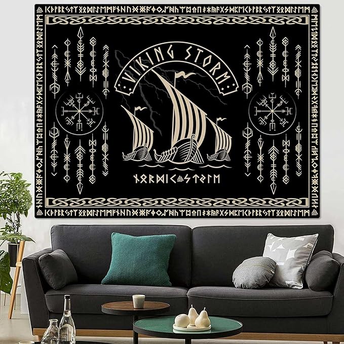OSUNBD Viking Warship Tapestry Wall Hanging - Small 40x30inches Storm & Celtic Runes on Soft Flannel Aesthetic Mythology Tapestries Norse Mythology Art for Bedroom, Living Room Decor