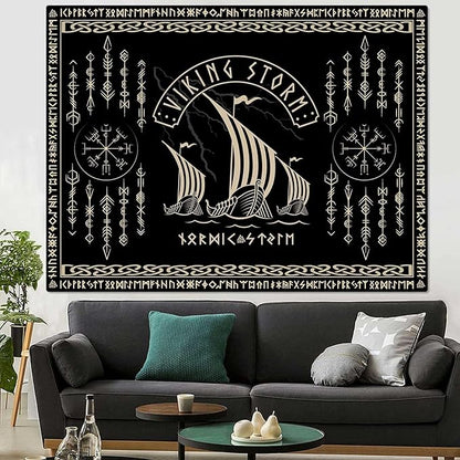 OSUNBD Viking Warship Tapestry Wall Hanging - Small 40x30inches Storm & Celtic Runes on Soft Flannel Aesthetic Mythology Tapestries Norse Mythology Art for Bedroom, Living Room Decor