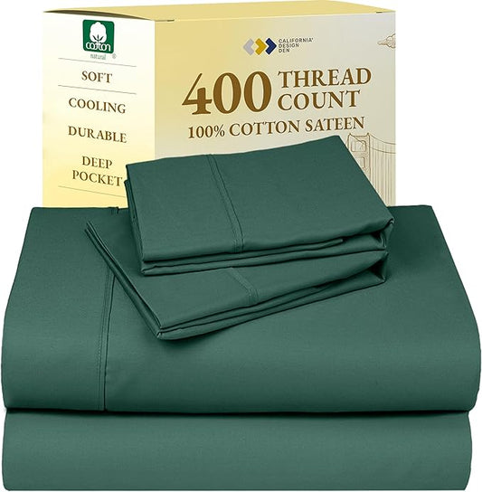 California Design Den Full Size Bed Sheets Set - Soft 400 Thread Count Sateen, Natural 100% Cotton Sheets with Deep Pockets, Breathable, Cooling and Durable Bedding Set - Hunter Green