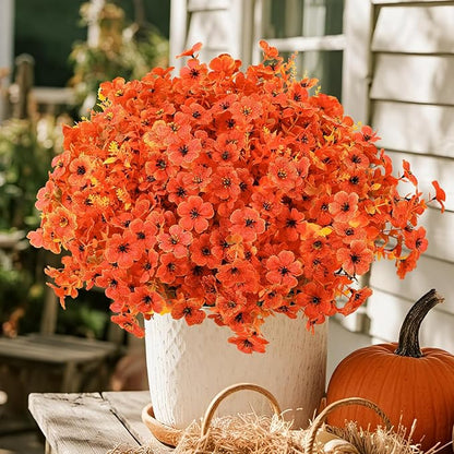 SHareconn 48 Bundles Artificial Fall Flowers for Outdoors Decoration,UV Resistant Silk Eucalyptus Lavender Faux Autumn Fake Plants for Outside Indoor Garden Yard Porch Home Decor,SunsetRedAutumnColour