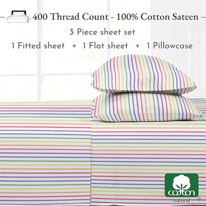 California Design Den Deep Pocket Twin Sheets Set - 400 Thread Count Sateen, Natural 100% Cotton Sheets, Cooling and Durable Bedding Set - Rainbow Striped