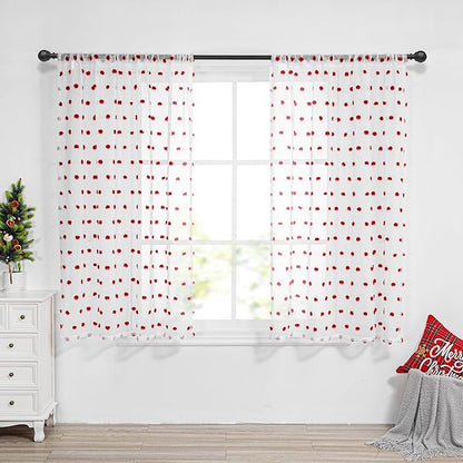 MYSKY HOME Short Curtains for Bedroom 54 Inches Long Merry Christmas Red Pom Pom White Sheer Curtains Kitchen Bathroom Nursery Boys Kids Room Rod Pocket 2 Pieces Small Window 52" x 54"