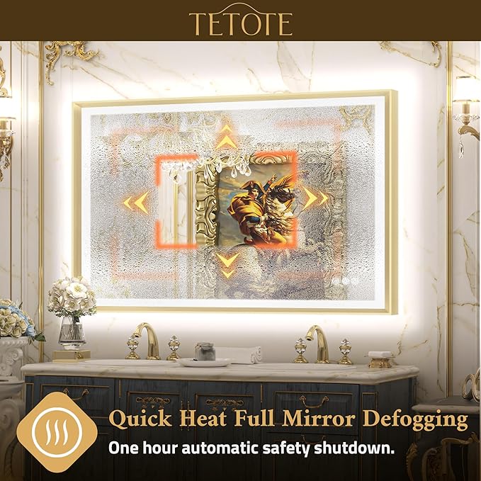 TETOTE 72x36 LED Bathroom Mirror with Lights Gold Metal Framed Front & Back Light Vanity Mirror Baroque Antifog Stepless Dimmable White/Warm/Natural,CRI90+,Waterproof,Wall Mounted(Horizontal/Vertical)