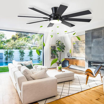 Ceiling Fans with Lights- 52" Low Profile Indoor Ceiling Fan with Light and Remote/APP Control, 8 Blade,Flush Mount, LED Dimmable DC Reversible Modern Ceiling Fan for Bedroom（Black）