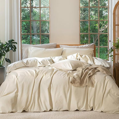 MooMee Bedding Duvet Cover Set 100% Washed Cotton Linen Like Textured Breathable Durable Soft Comfy (Heathered Almond Milk Grey, Oversized King Plus 128"x120")