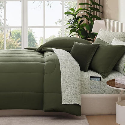 Monbix King Size Comforter Set - 7 Pieces Bed in a Bag King, Olive Green Track Stitching Bedding Sets, All Seasons Down Alternative Comforter Bed Set with Sheets, Pillowcases & Shams