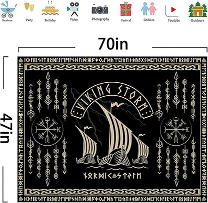 OSUNBD Viking Warship Tapestry Wall Hanging - Small 70x47 inches Storm & Celtic Runes on Soft Flannel Aesthetic Mythology Tapestries Norse Mythology Art for Bedroom, Living Room Decor